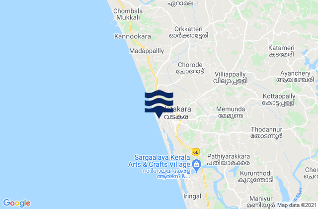 Mapa da tábua de marés em Badagara, India