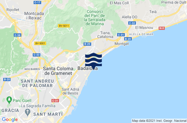 Mapa da tábua de marés em Badalona, Spain