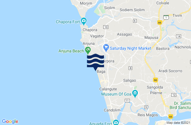 Mapa da tábua de marés em Baga Beach, India