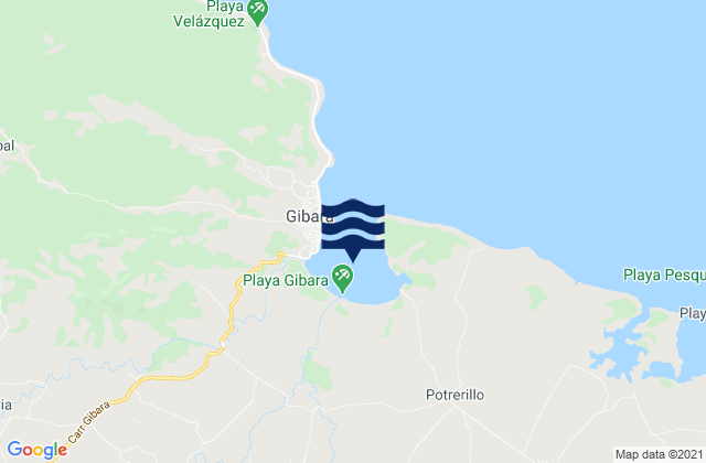 Mapa da tábua de marés em Bahía de Gibara, Cuba