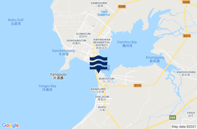 Mapa da tábua de marés em Baimajing, China