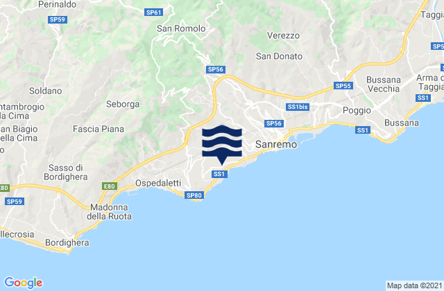 Mapa da tábua de marés em Bajardo, Italy
