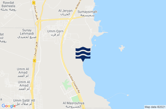 Mapa da tábua de marés em Baladīyat az̧ Z̧a‘āyin, Qatar