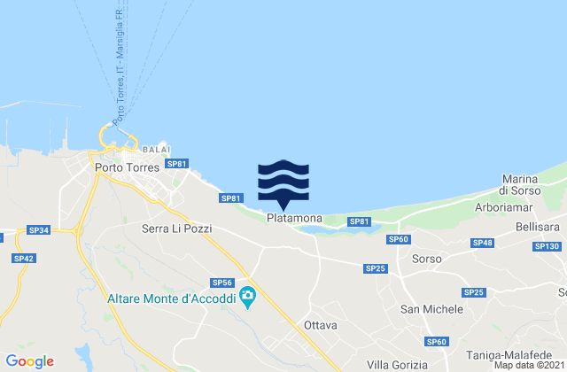 Mapa da tábua de marés em Bancali, Italy