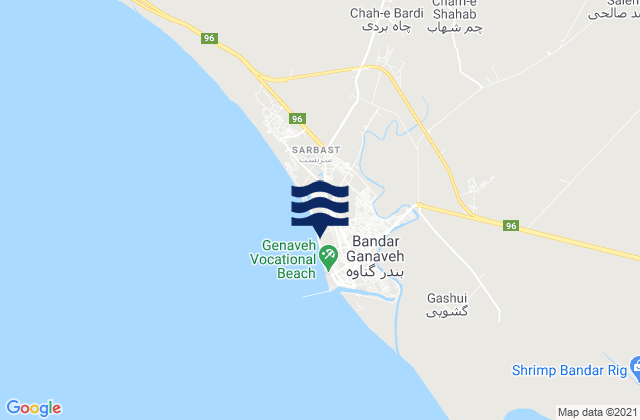 Mapa da tábua de marés em Bandar-e Genāveh, Iran