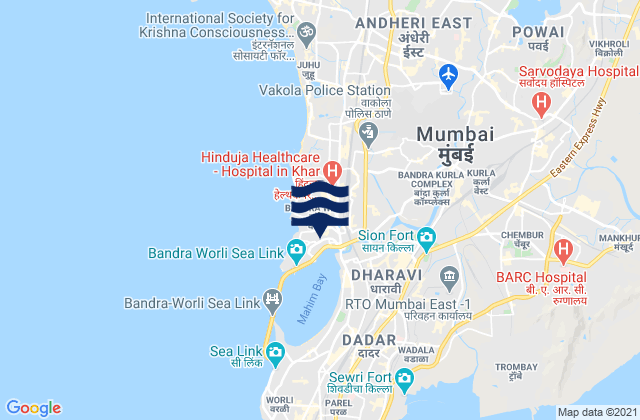 Mapa da tábua de marés em Bandra, India