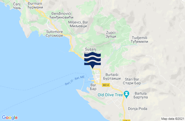 Mapa da tábua de marés em Bar, Montenegro