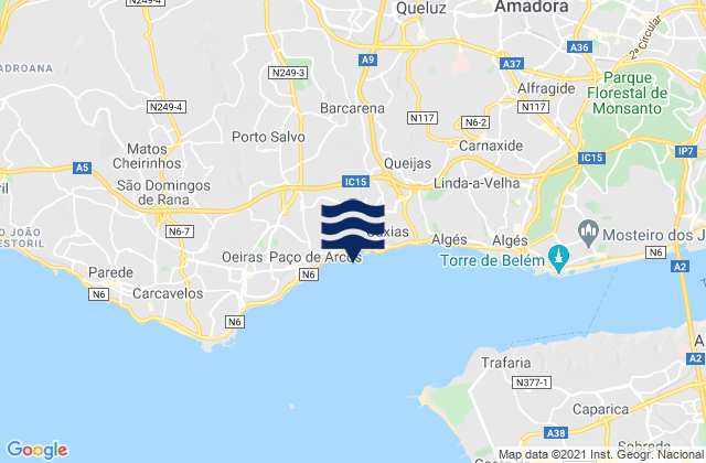 Mapa da tábua de marés em Barcarena, Portugal