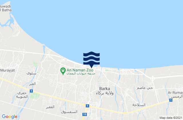 Mapa da tábua de marés em Barkā’, Oman