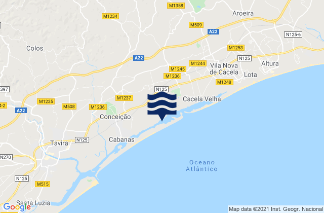 Mapa da tábua de marés em Barra de Cacela, Portugal