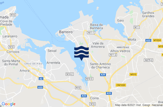 Mapa da tábua de marés em Barreiro, Portugal