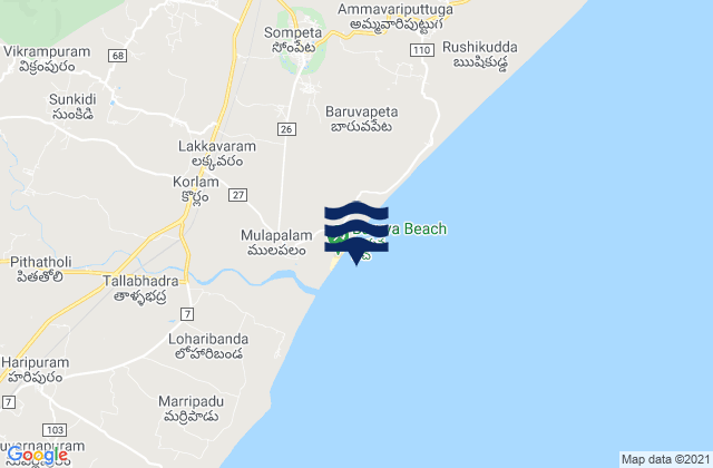 Mapa da tábua de marés em Baruva, India