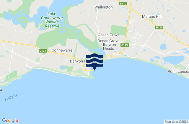 Mapa da tábua de marés em Barwon Heads, Australia