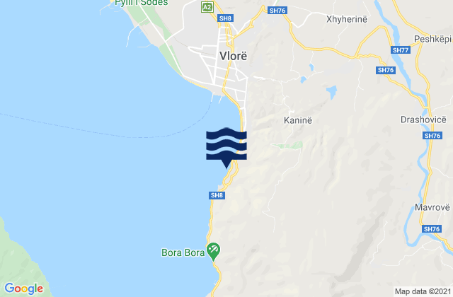 Mapa da tábua de marés em Bashkia Vlorë, Albania