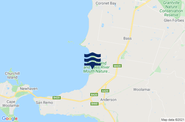 Mapa da tábua de marés em Bass Coast, Australia