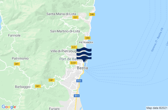 Mapa da tábua de marés em Bastia, France