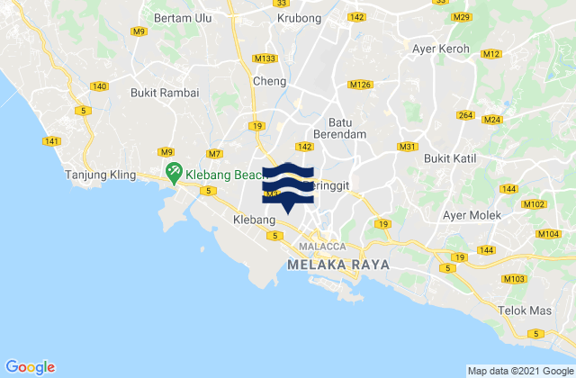 Mapa da tábua de marés em Batu Berendam, Malaysia