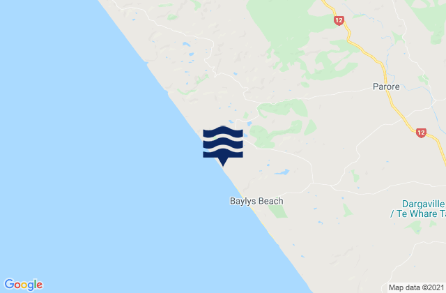 Mapa da tábua de marés em Baylys Beach, New Zealand