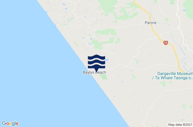 Mapa da tábua de marés em Baylys Beach, New Zealand