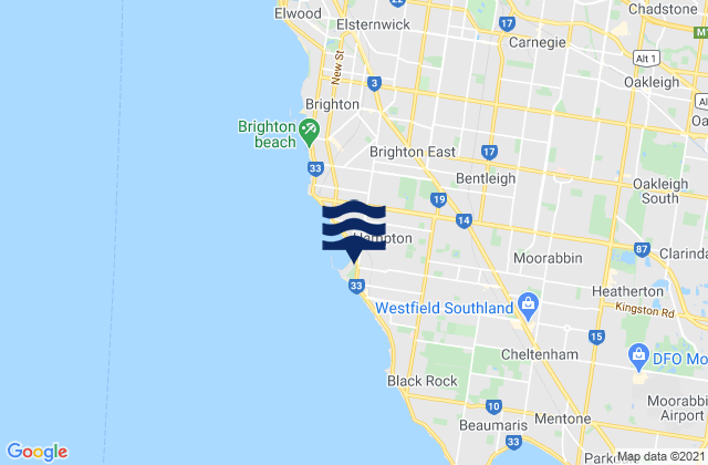 Mapa da tábua de marés em Bayside, Australia