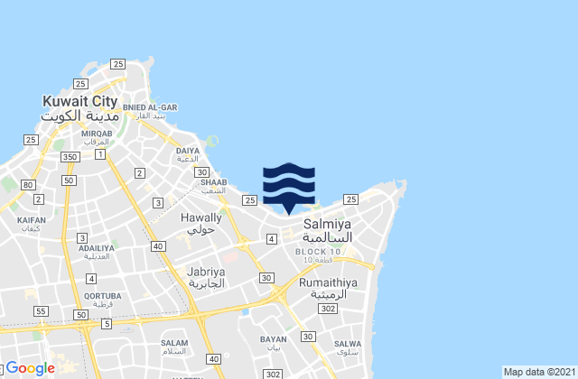 Mapa da tábua de marés em Bayān, Kuwait