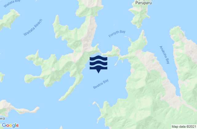 Mapa da tábua de marés em Beatrix Bay, New Zealand