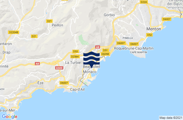 Mapa da tábua de marés em Beausoleil, France