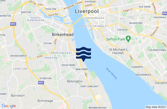 Mapa da tábua de marés em Bebington, United Kingdom