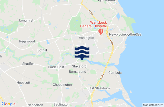 Mapa da tábua de marés em Bedlington, United Kingdom