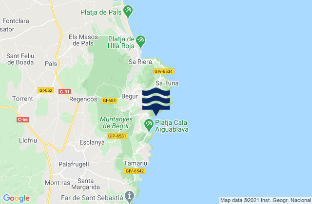 Mapa da tábua de marés em Begur, Spain