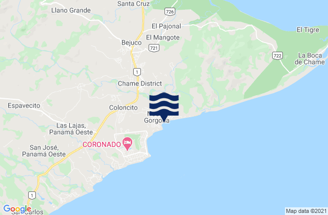 Mapa da tábua de marés em Bejuco, Panama