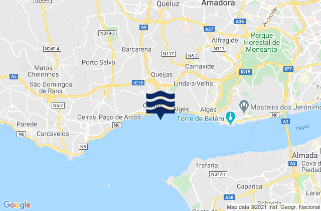 Mapa da tábua de marés em Belas, Portugal