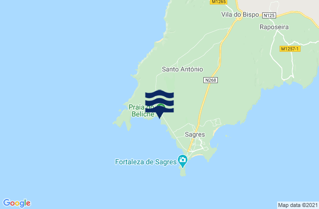Mapa da tábua de marés em Beliche, Portugal