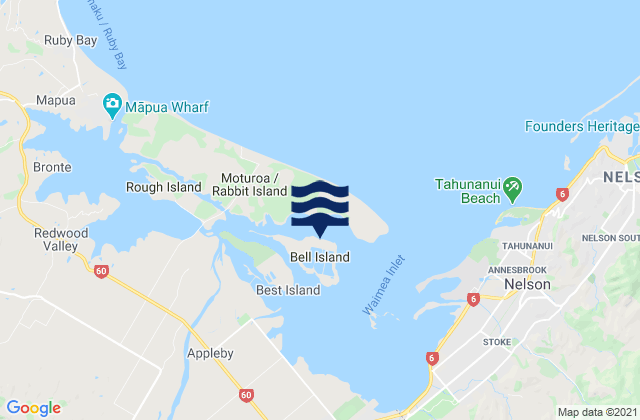 Mapa da tábua de marés em Bell Island, New Zealand