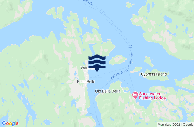 Mapa da tábua de marés em Bella Bella, Canada