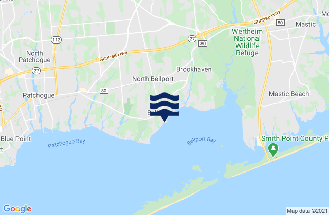 Mapa da tábua de marés em Bellport, United States