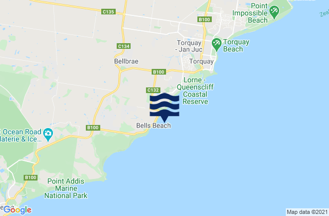 Mapa da tábua de marés em Bells Beach Torquay, Australia