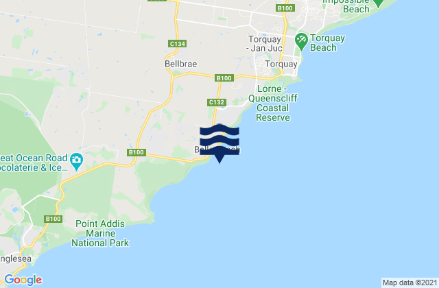Mapa da tábua de marés em Bells Beach, Australia