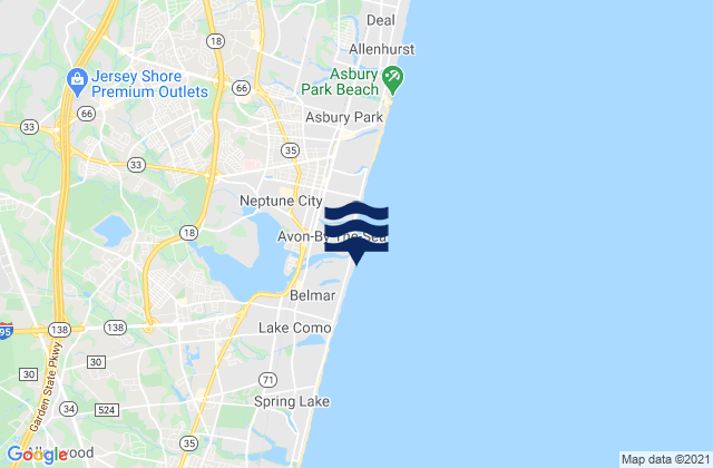 Mapa da tábua de marés em Belmar Atlantic Ocean, United States