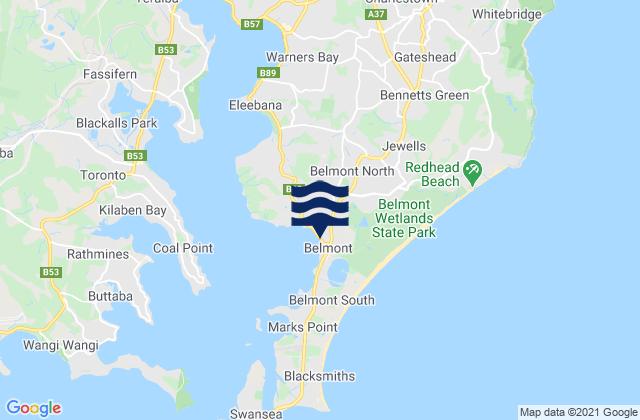 Mapa da tábua de marés em Belmont North, Australia