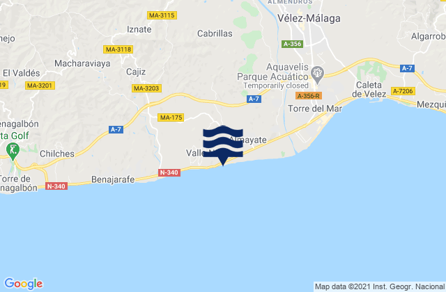Mapa da tábua de marés em Benamocarra, Spain