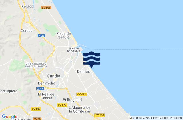 Mapa da tábua de marés em Beniarjó, Spain