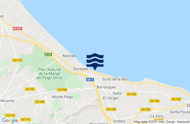 Mapa da tábua de marés em Benidoleig, Spain