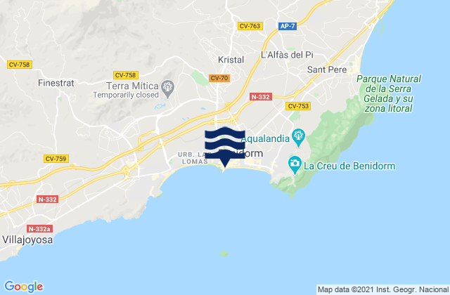 Mapa da tábua de marés em Benidorm, Spain