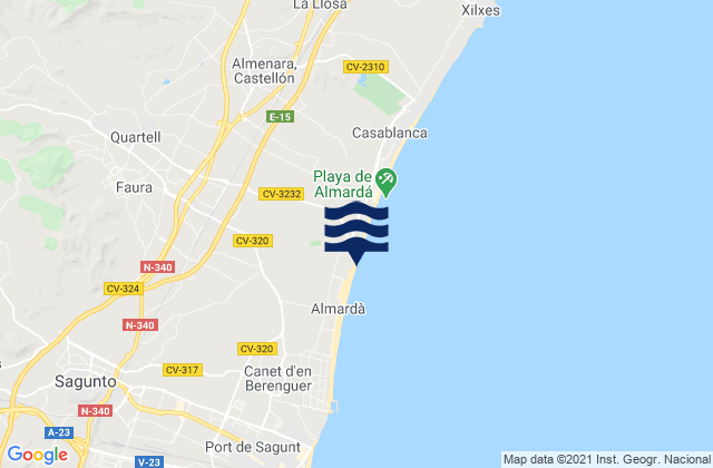 Mapa da tábua de marés em Benifairó de les Valls, Spain