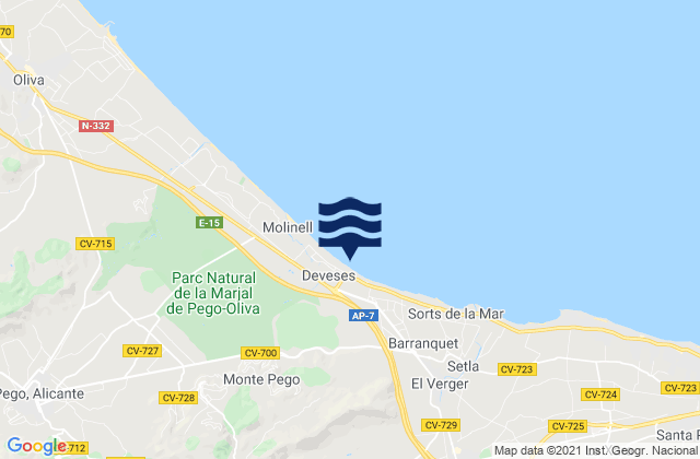 Mapa da tábua de marés em Benimeli, Spain