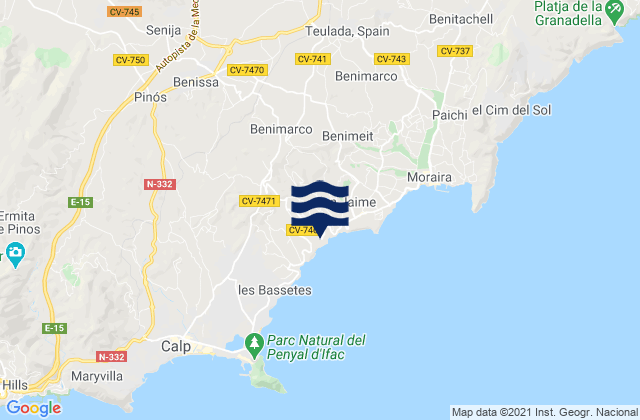Mapa da tábua de marés em Benissa, Spain