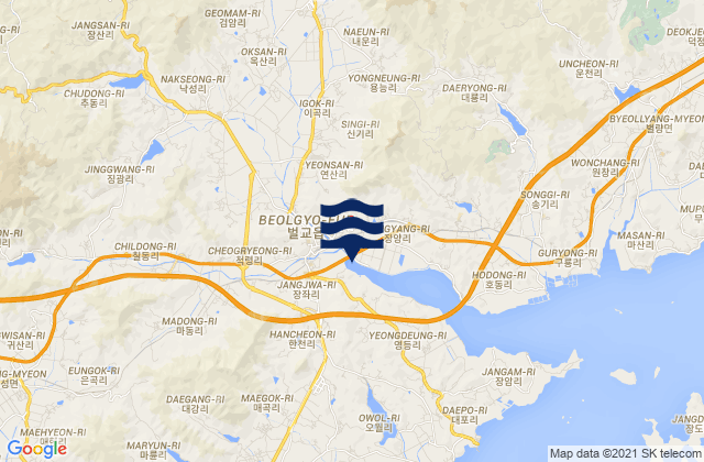 Mapa da tábua de marés em Beolgyo, South Korea