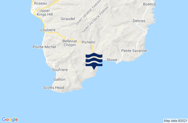 Mapa da tábua de marés em Berekua, Dominica