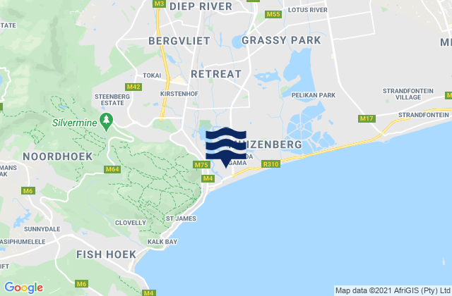 Mapa da tábua de marés em Bergvliet, South Africa